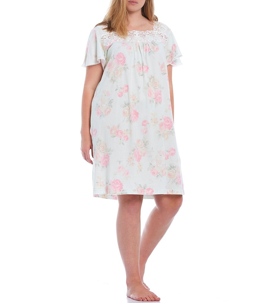 Miss Elaine Plus Floral Print Short Sleeve Knit Nightgown