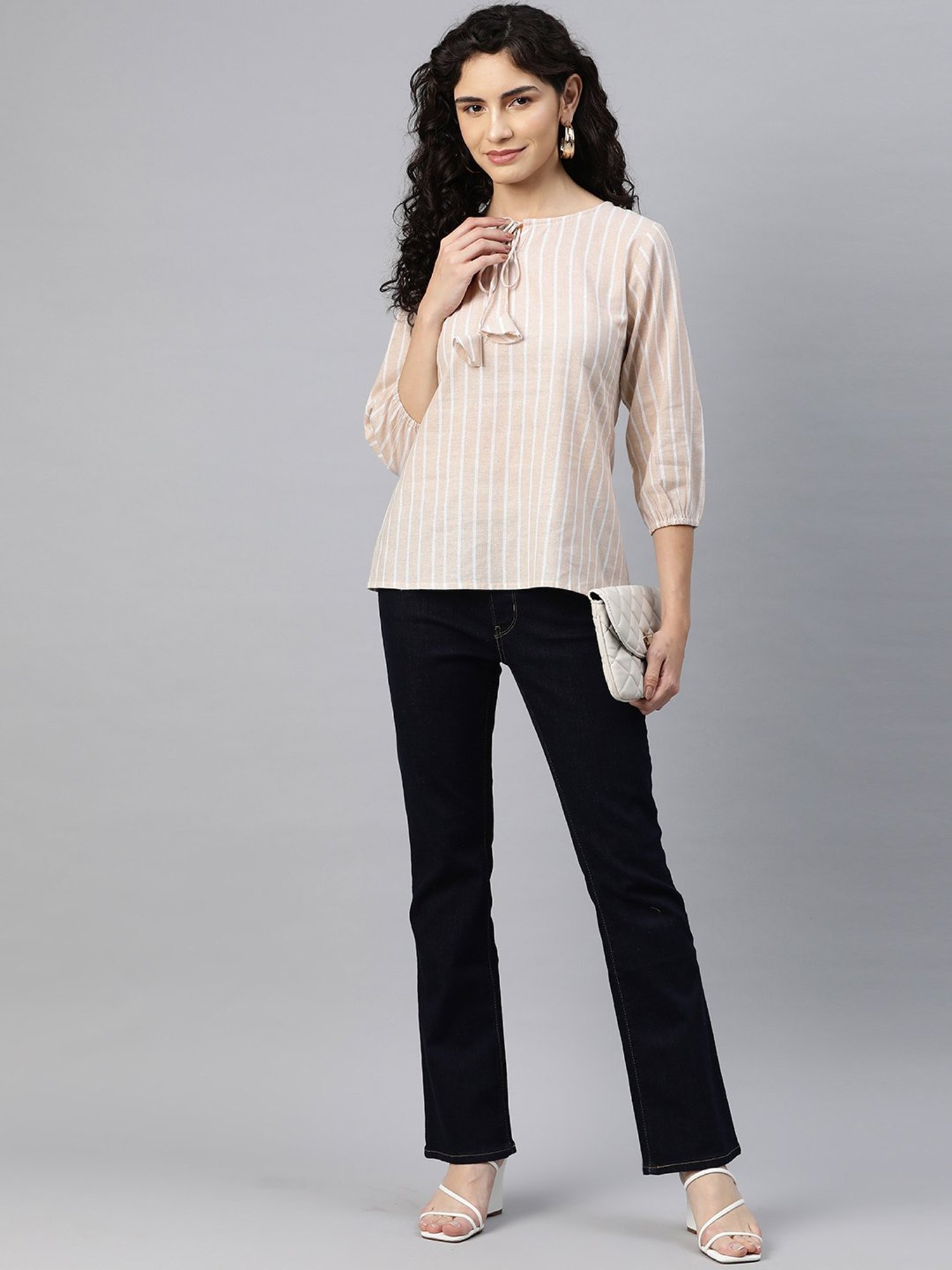 Cottinfab Beige & White Cotton Striped Top