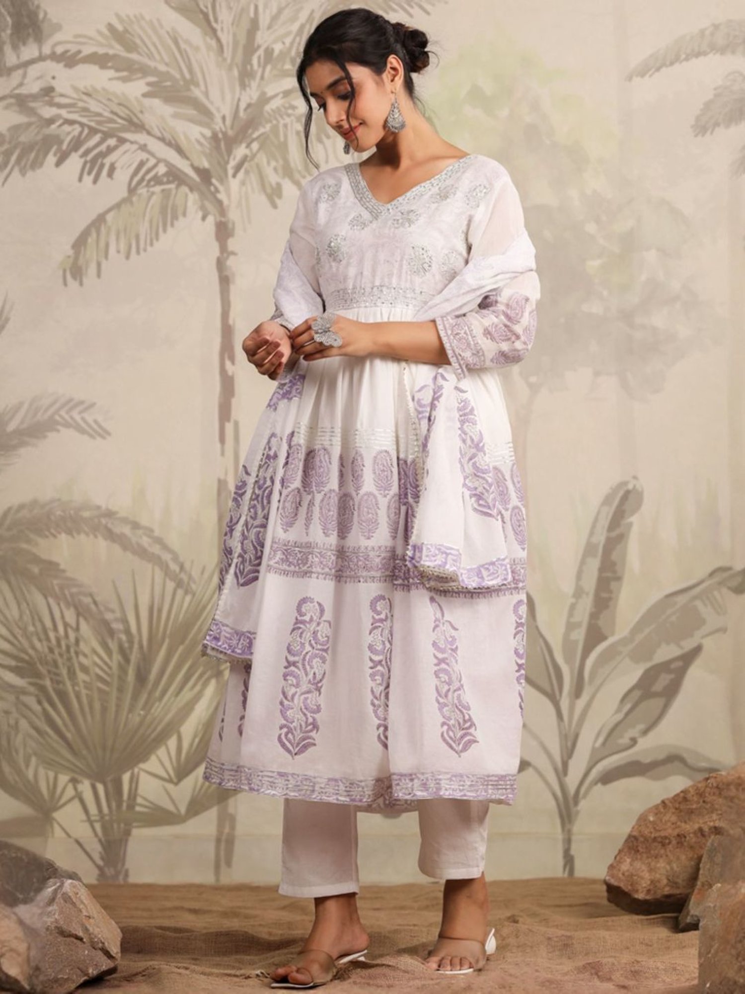 SCAKHI White & Lavender Hand-Block Printed Anarkali Kurta And Pant With Dupatta