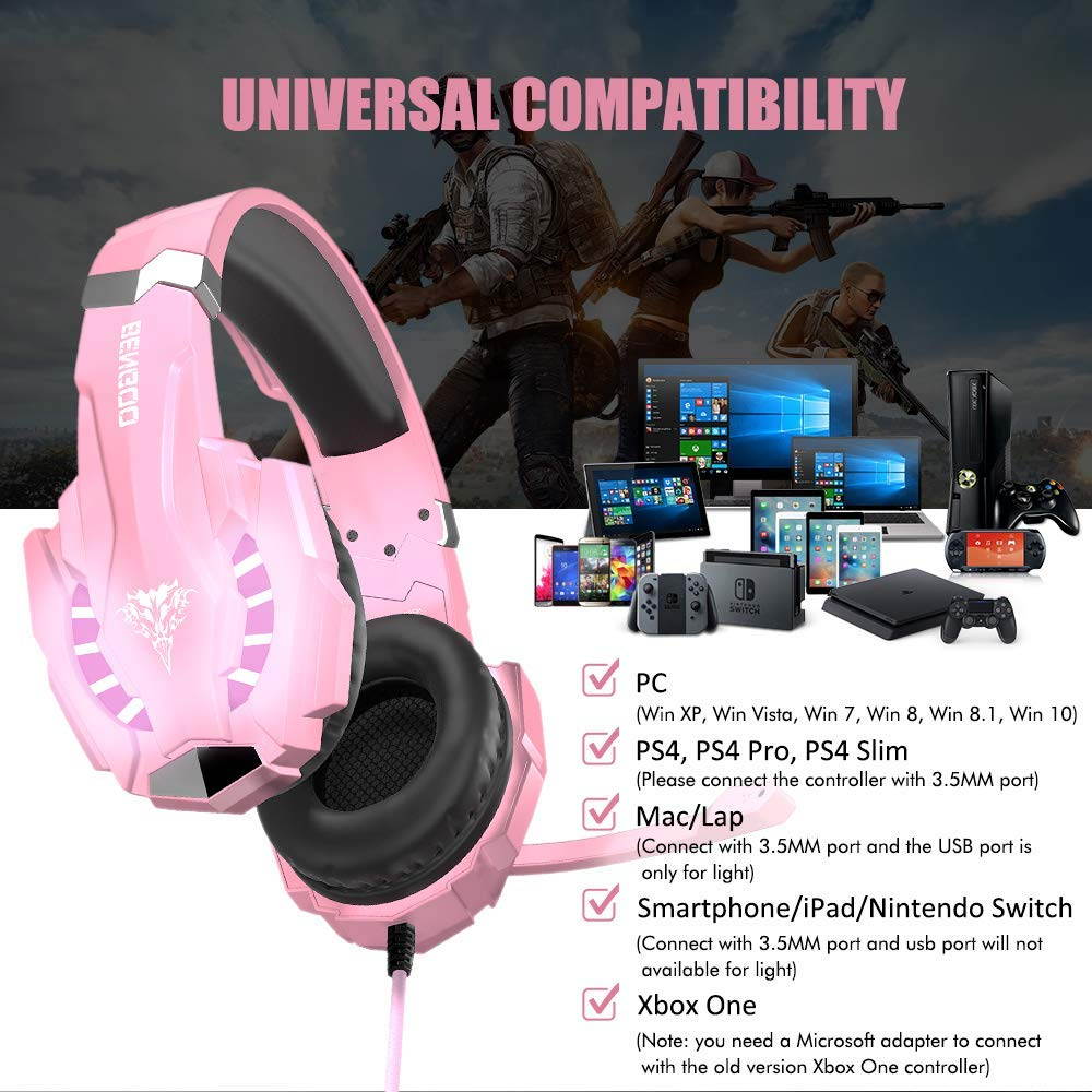BENGOO Stereo Gaming Headset for PS4, PC, Xbox One Controller, Noise Cancelling Over Ear Headphones Mic, LED Light, Bass Surround, Soft Memory Earmuffs for Laptop Mac Nintendo Switch (Pink)