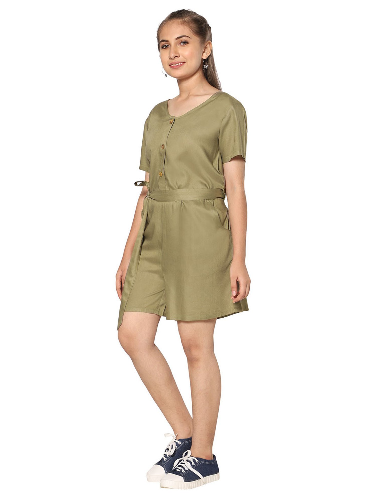 TeenTrums Girls Olive Solid Playsuit