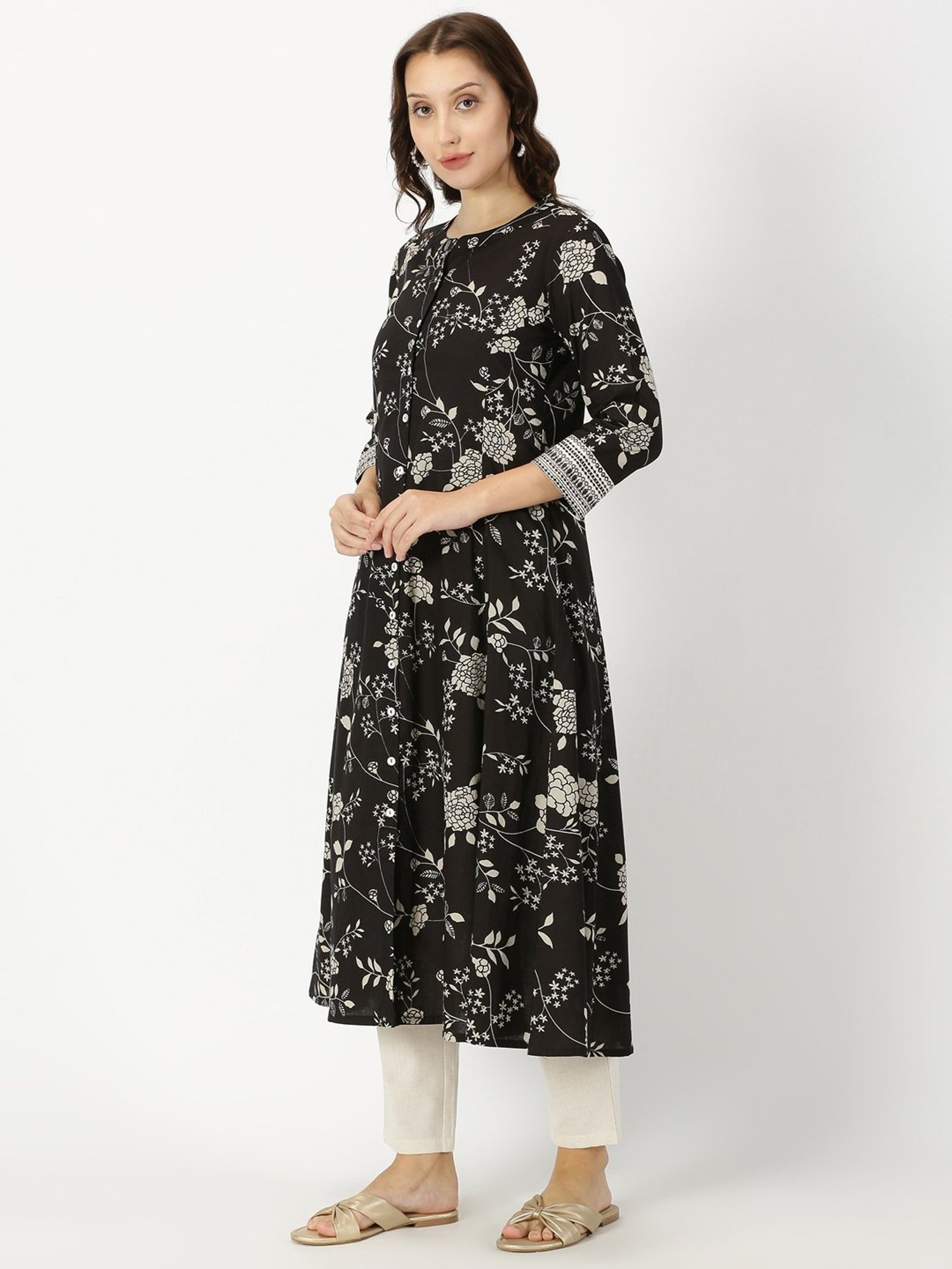 Saffron Threads Black Floral Print A Line Kurta