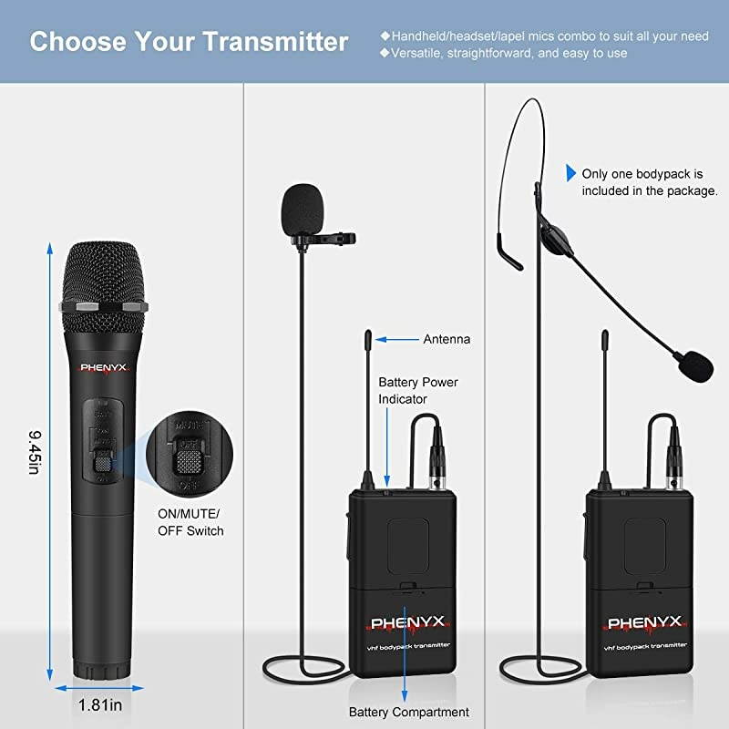 Wireless Microphone System  VHF Cordless Mic Set With 1 Handheld+1 Headset+1 Lapel+1 Bodypack Stable Signal Long Range Best for Presentation Interview Church WeddingEvents PTV1B