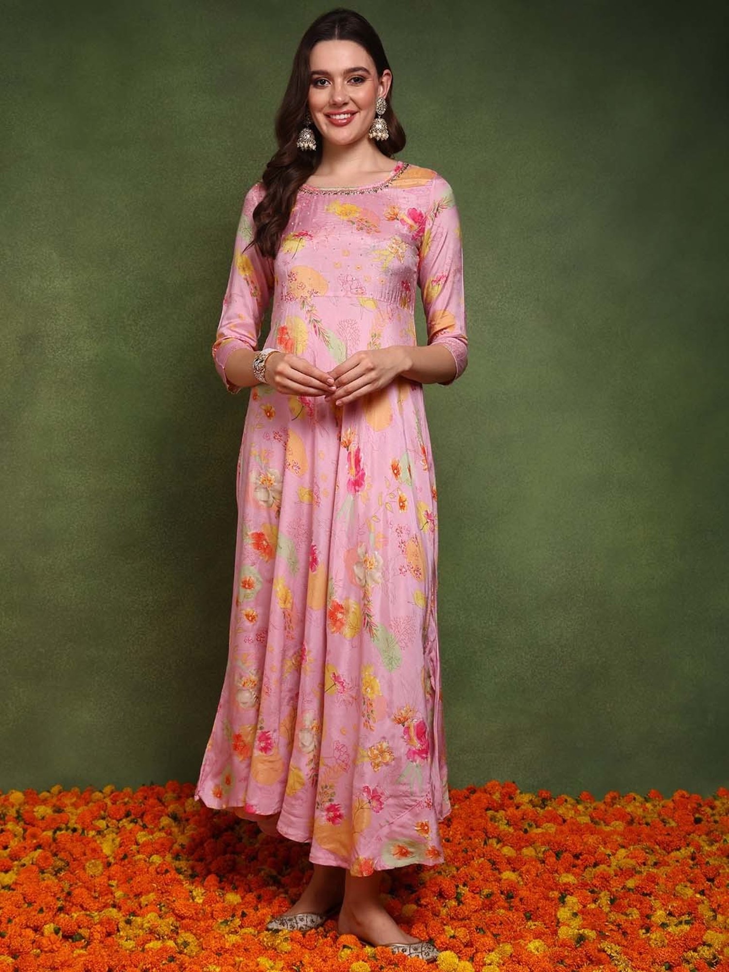 Vaamsi Pink Printed Maxi Dress With Shrug