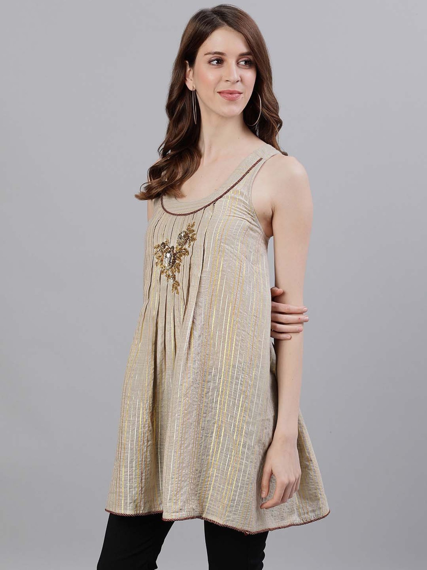 Ishin Beige Pure Cotton Embellished Top