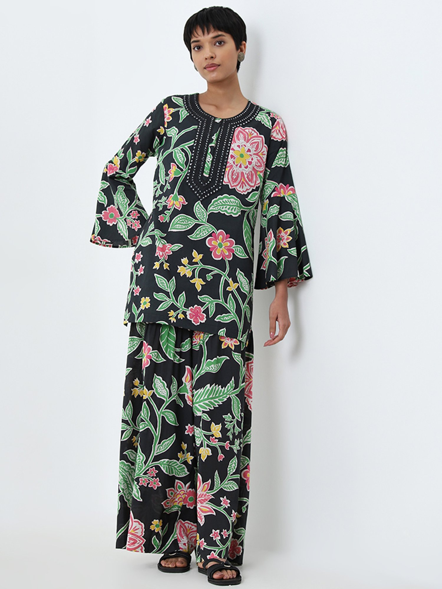 Utsa by Westside Black Floral Design Straight Cotton Kurti