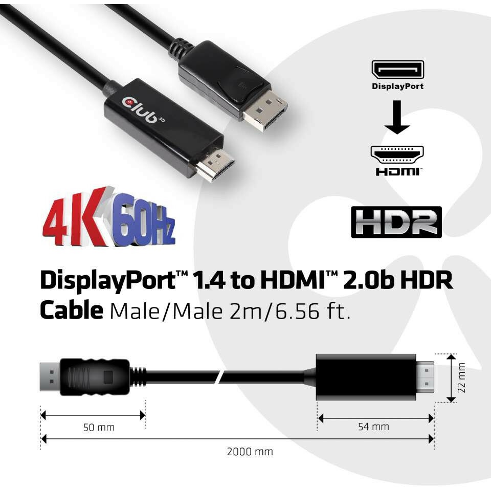 Club3D CAC-1082 DisplayPort 1.4 to HDMI 2.0b HDR Cable Male/Male 2m/6.56 ft.