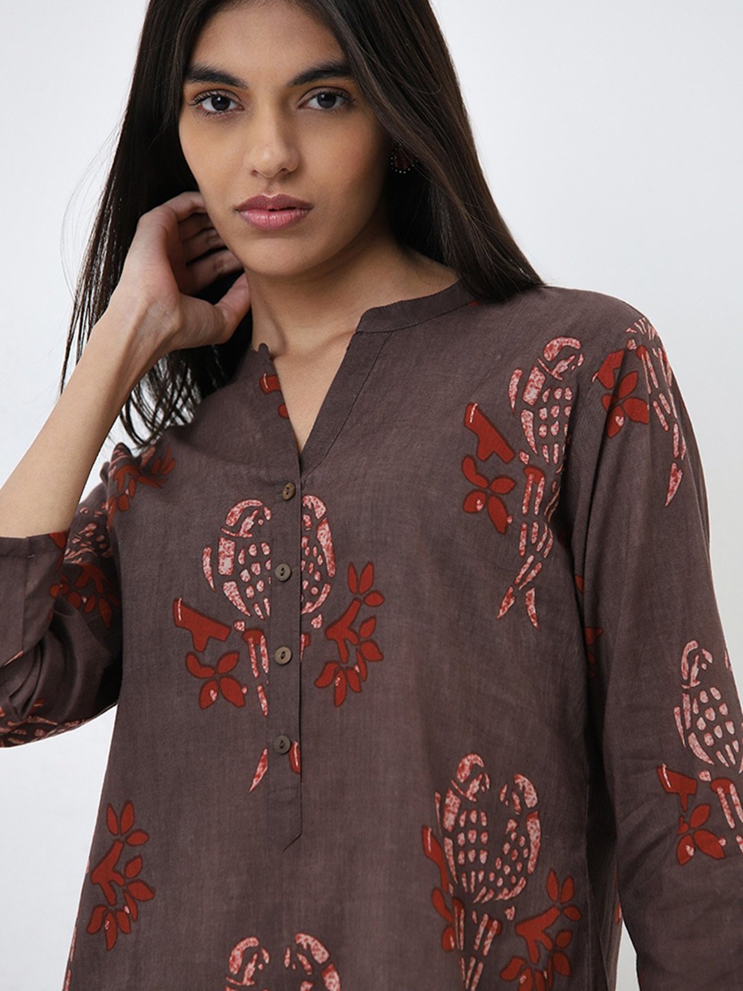 Utsa by Westside Brown Abstract Printed Straight Cotton Kurta