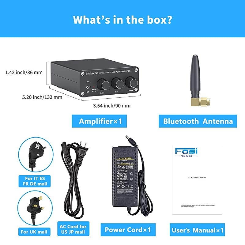 Bluetooth 5.0 Stereo Audio 2 Channel Amplifier Receiver Mini Hi-Fi Class D Integrated Amp 2.0 CH for Home Speakers 100W x 2 with Bass and Treble Control TPA3116 (with Power Supply)