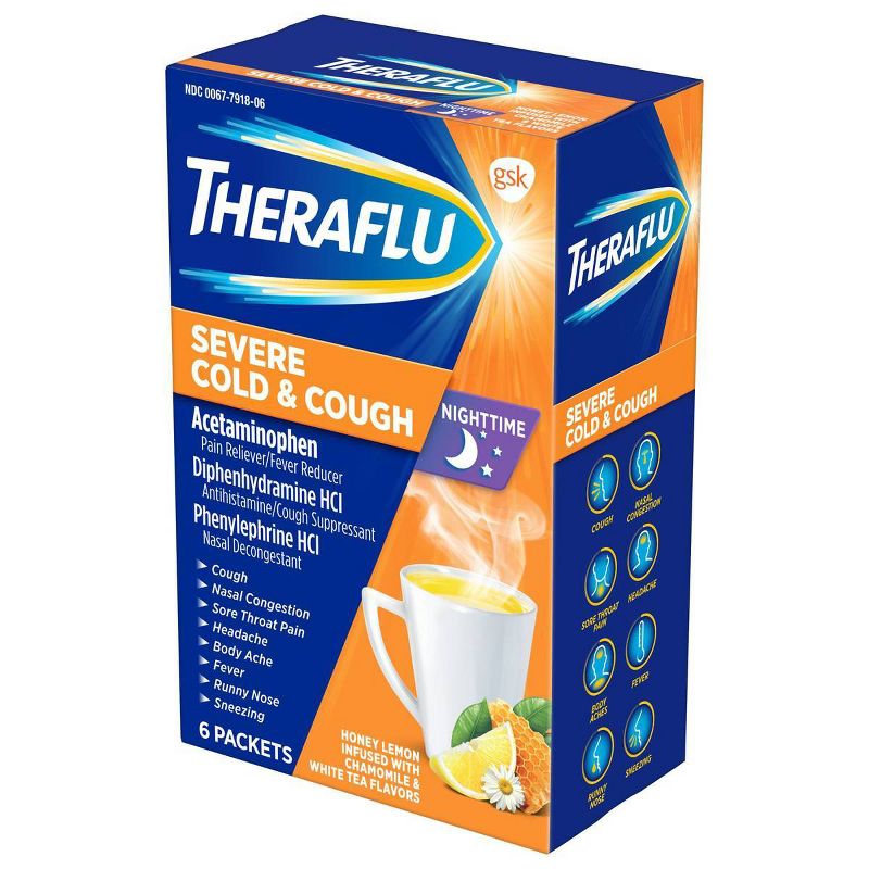 Theraflu Nighttime Severe Cold & Cough Relief Powder - Acetaminophen - Honey Lemon - 6ct