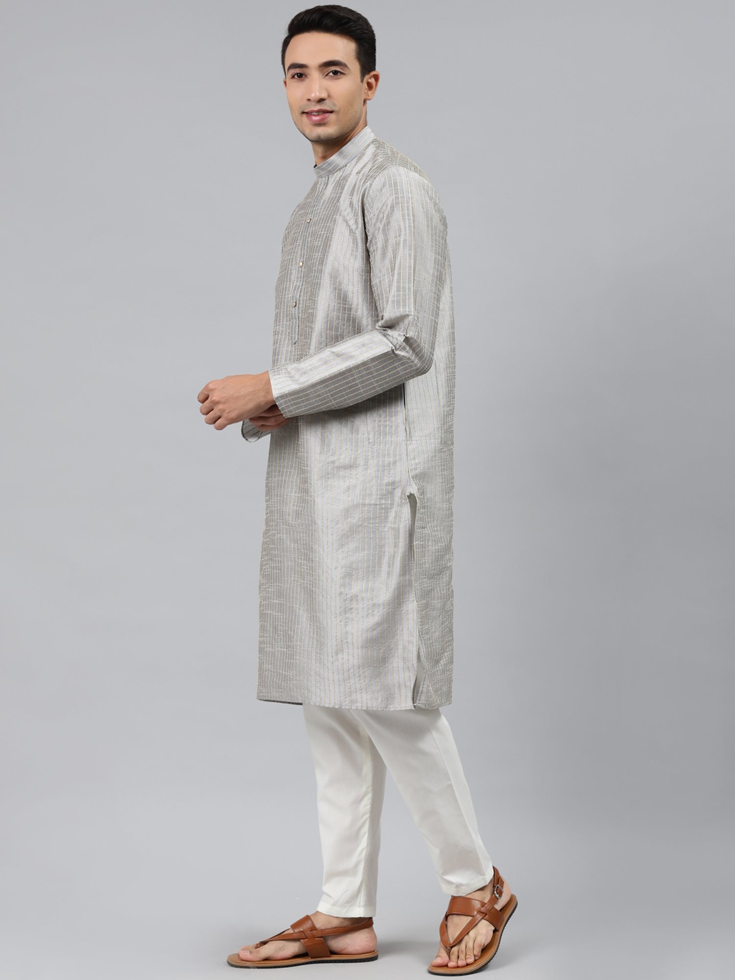 ManQ Grey Regular Fit Striped Ethnic Wear