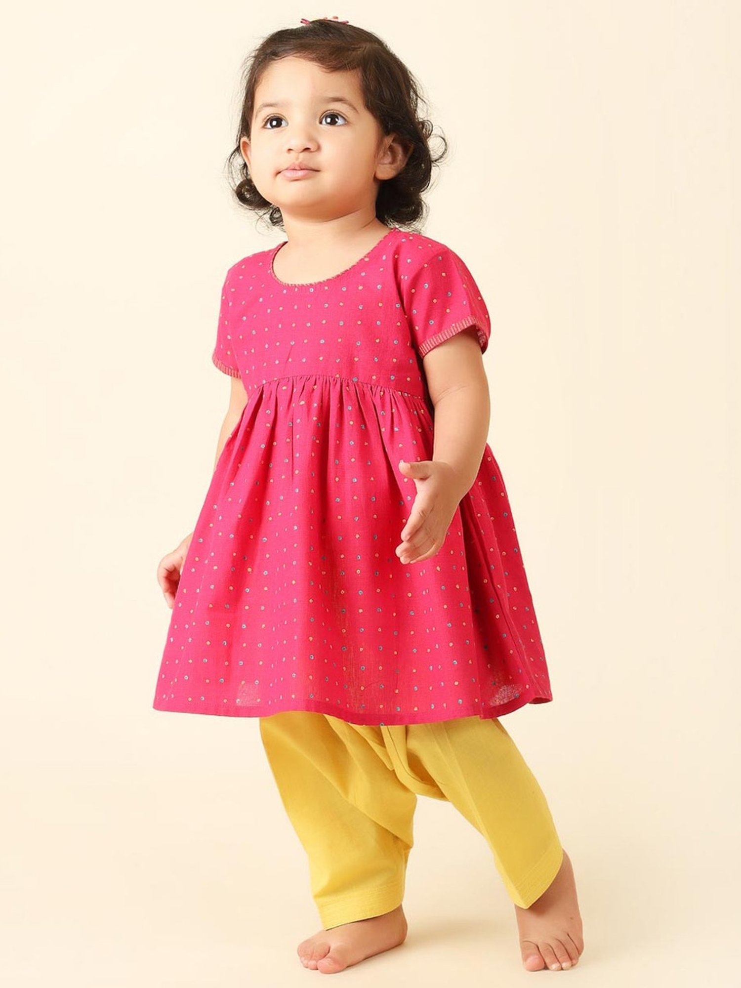 Fabindia Kids Pink & Yellow Cotton Printed Kurta Set