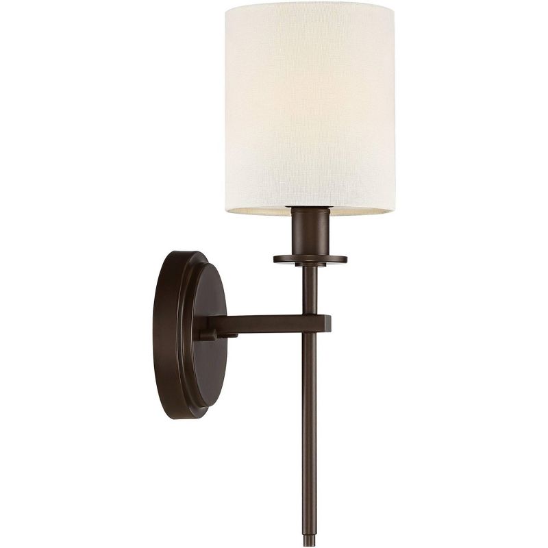 Barnes and Ivy Modern Swing Arm Wall Lamp Antique Brass Plug-In Light Fixture Taupe Fabric Bell Shade Bedroom Living Room Reading
