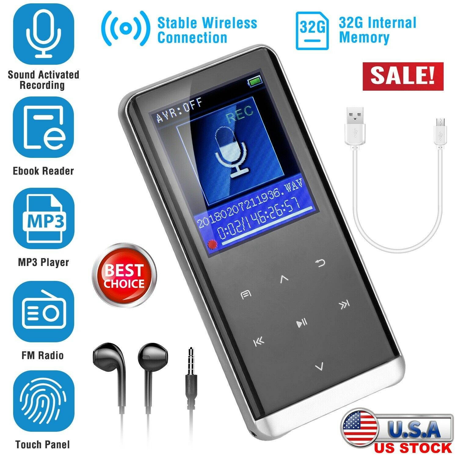 Portable Wireless MP3 Music Player with FM Hi-Fi Lossless Support up to 32GB