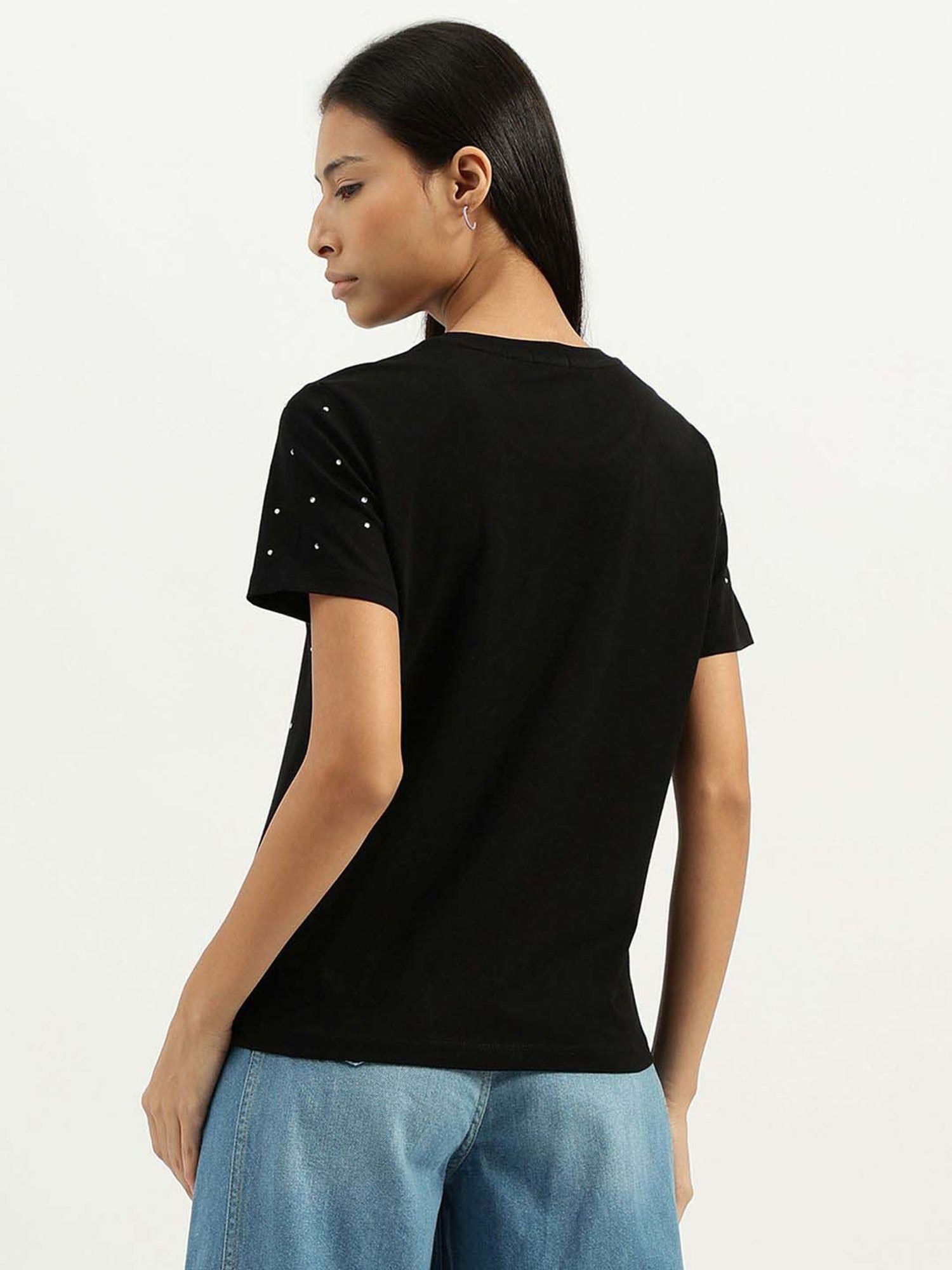 United Colors of Benetton Black Cotton Embellished T-Shirt