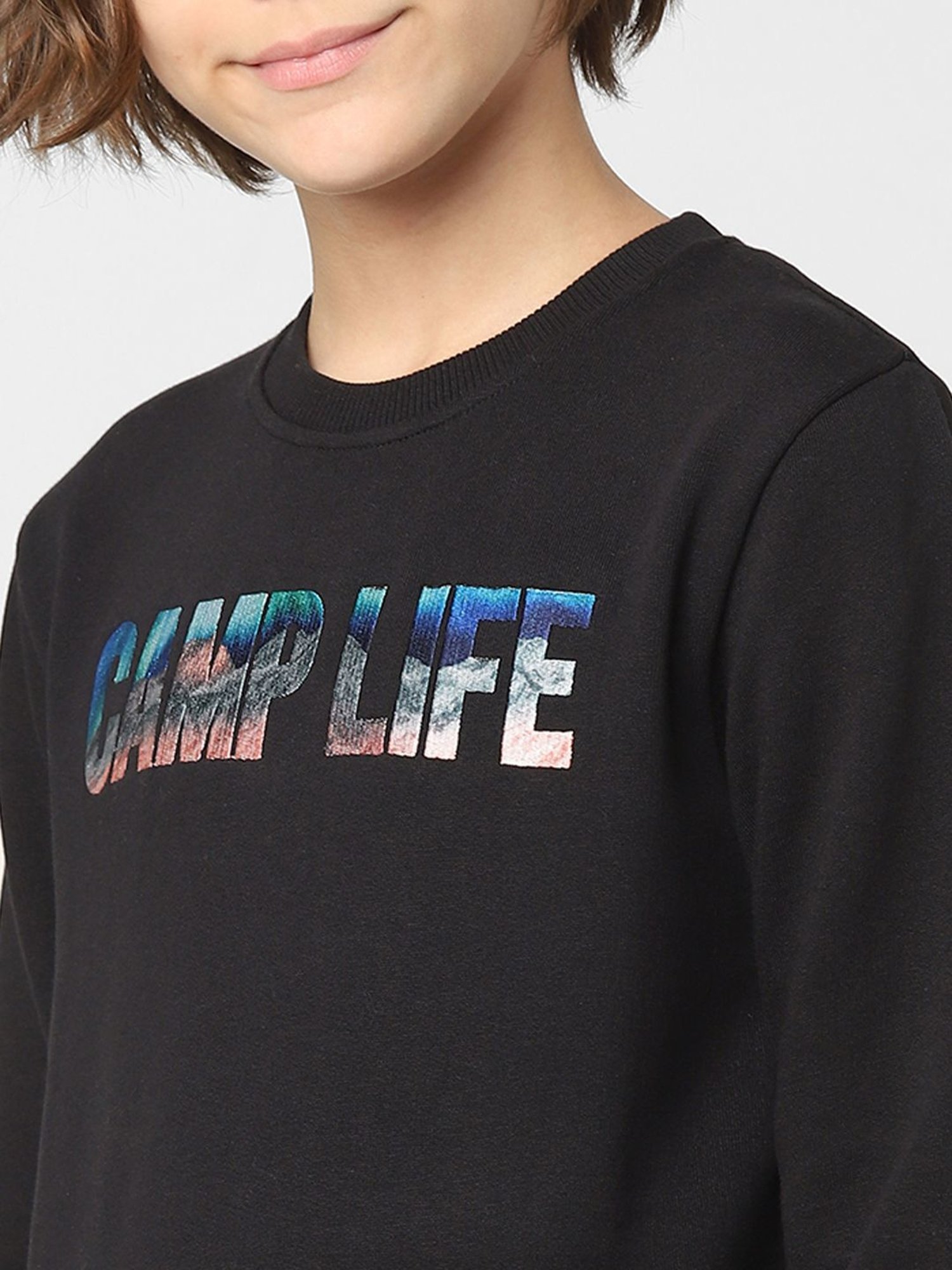 Jack & Jones Junior Black Cotton Printed Full Sleeves Sweatshirt