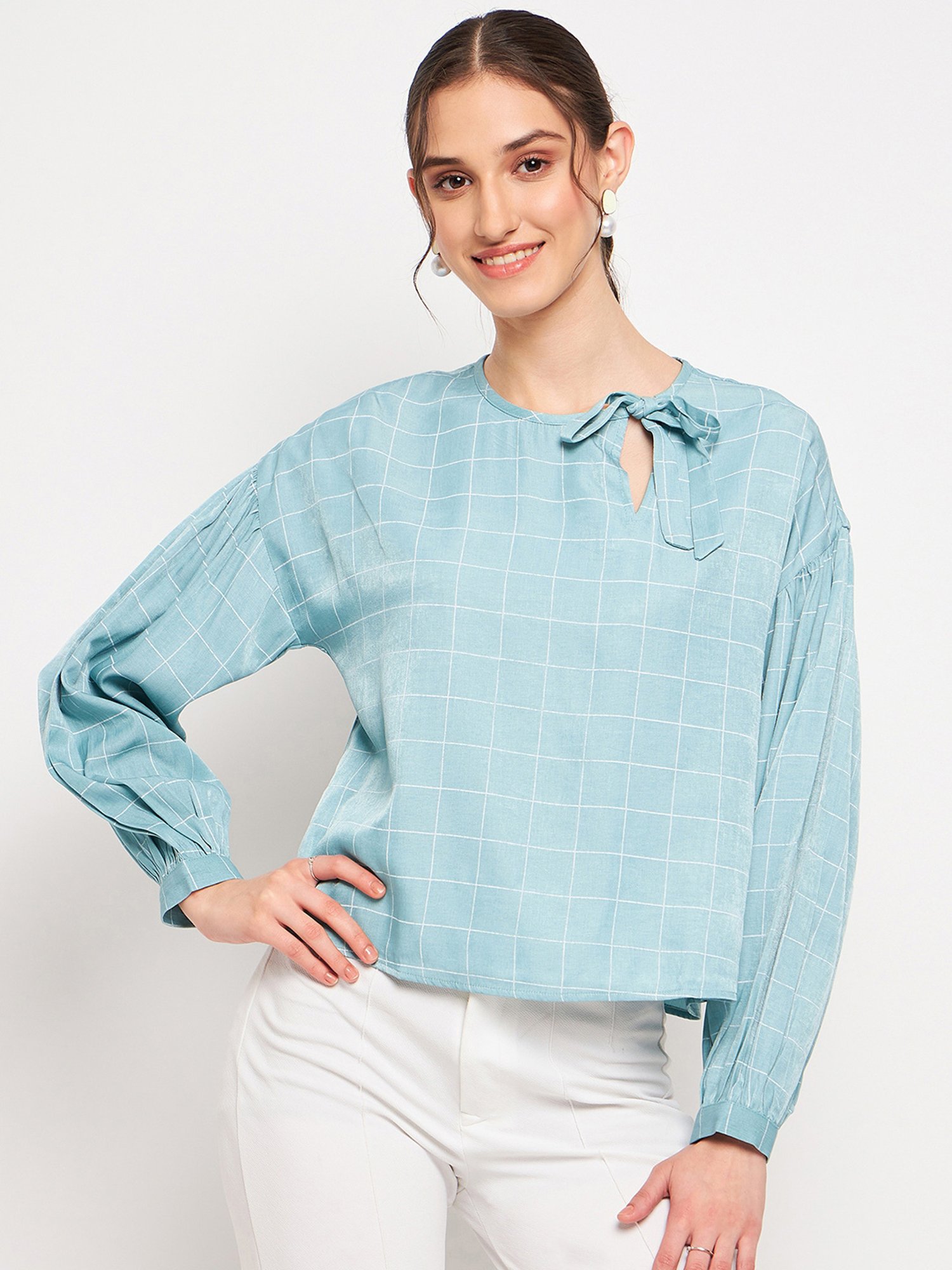 MADAME Aqua Checks Top