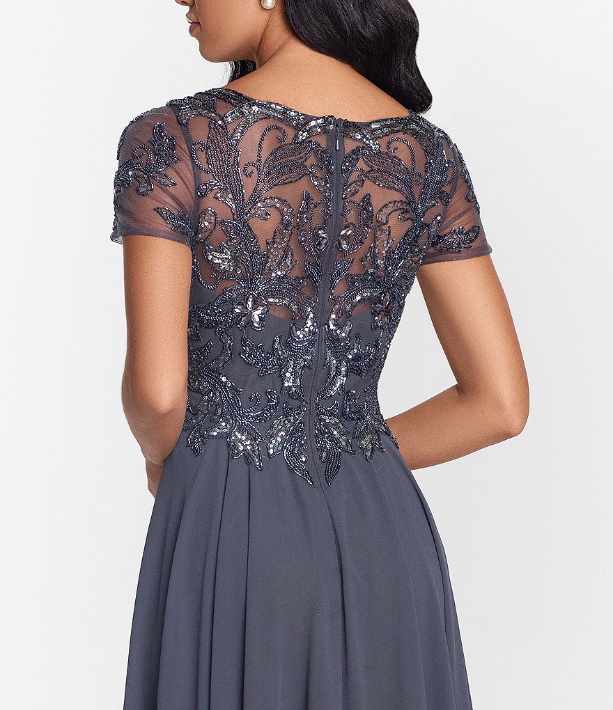 Jkara Chiffon Popover Beaded V-Neck 3/4 Capelet Sleeve Gown