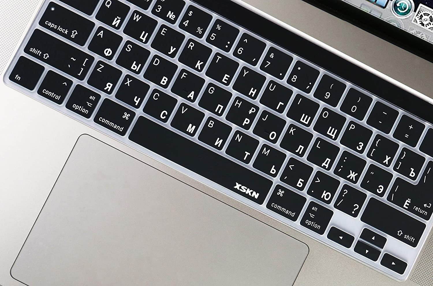 XSKN Russian/English Language Black Silicone Keyboard Cover Skin for 2019 MacBook Pro 16 inch A2141 and 2020 MacBook Pro 13.3 inch A2338 M1 A2251 A2289 with Touch Bar & Touch ID US EU Common Version