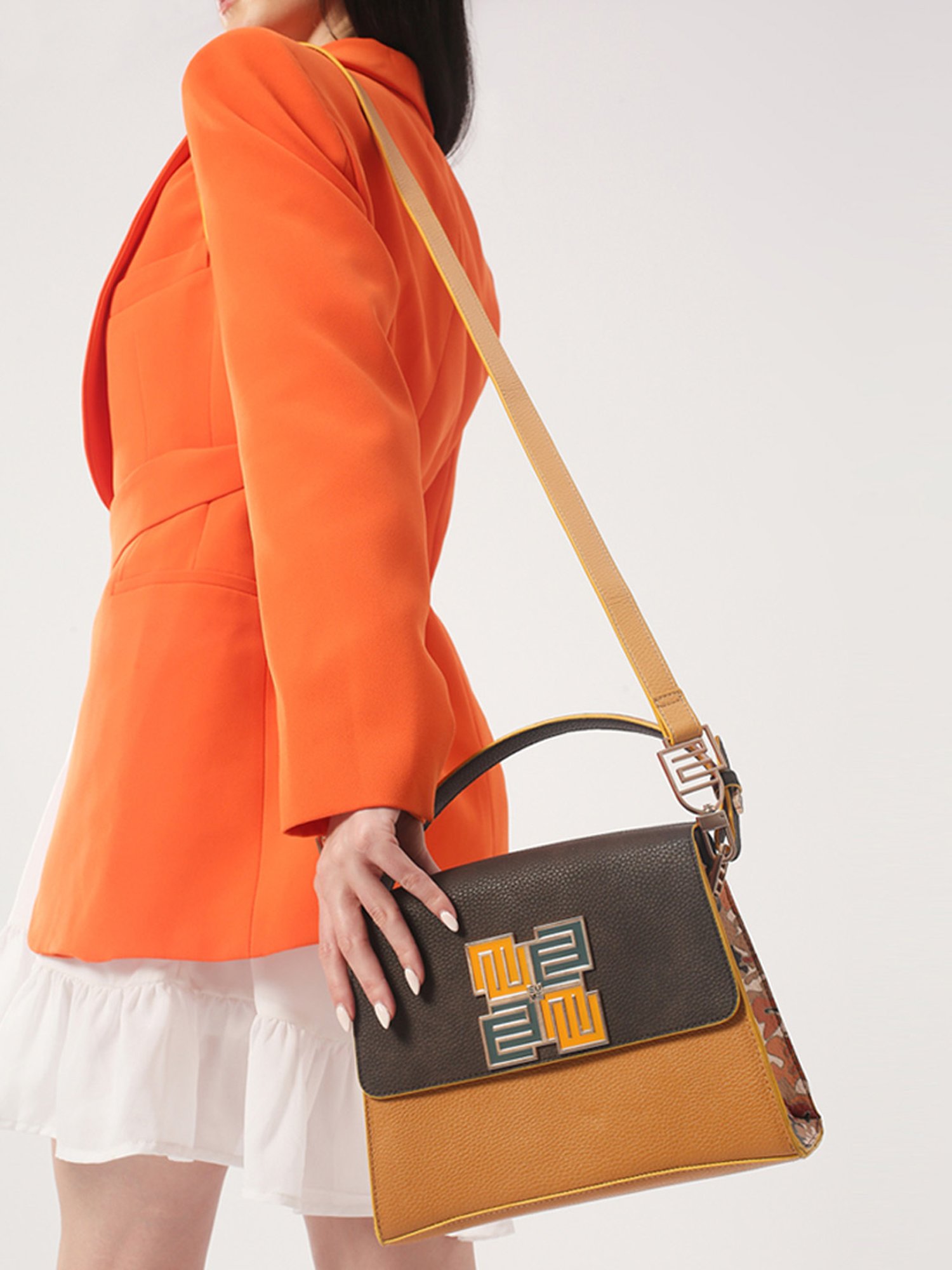 Eume Espresso Mustard Camo Vegan Leather Satchel Handbag