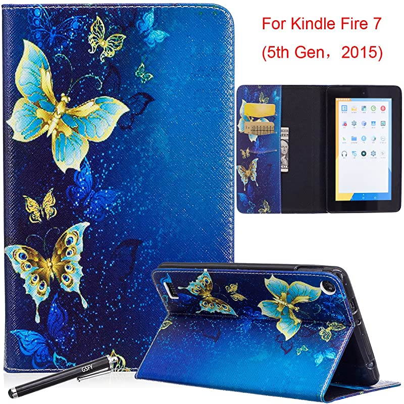 Case for Fire 7 2015  Kickstand Slim Fit Flip Cover with Card Slots Cash Holder Protective Case for  Kindle Fire 7 Display 5th Generation 2015 Release Gold Butterfly