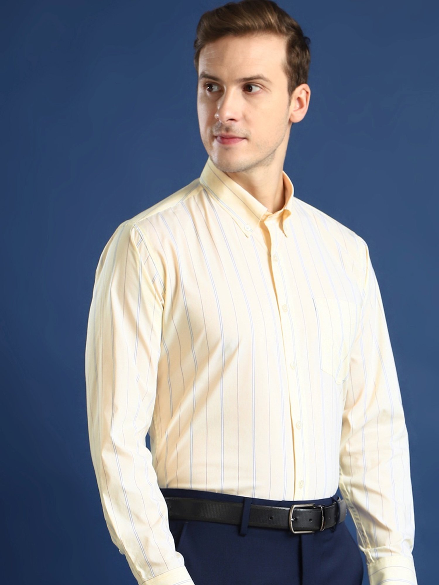 Hancock Cream Cotton Slim Fit Striped Shirt