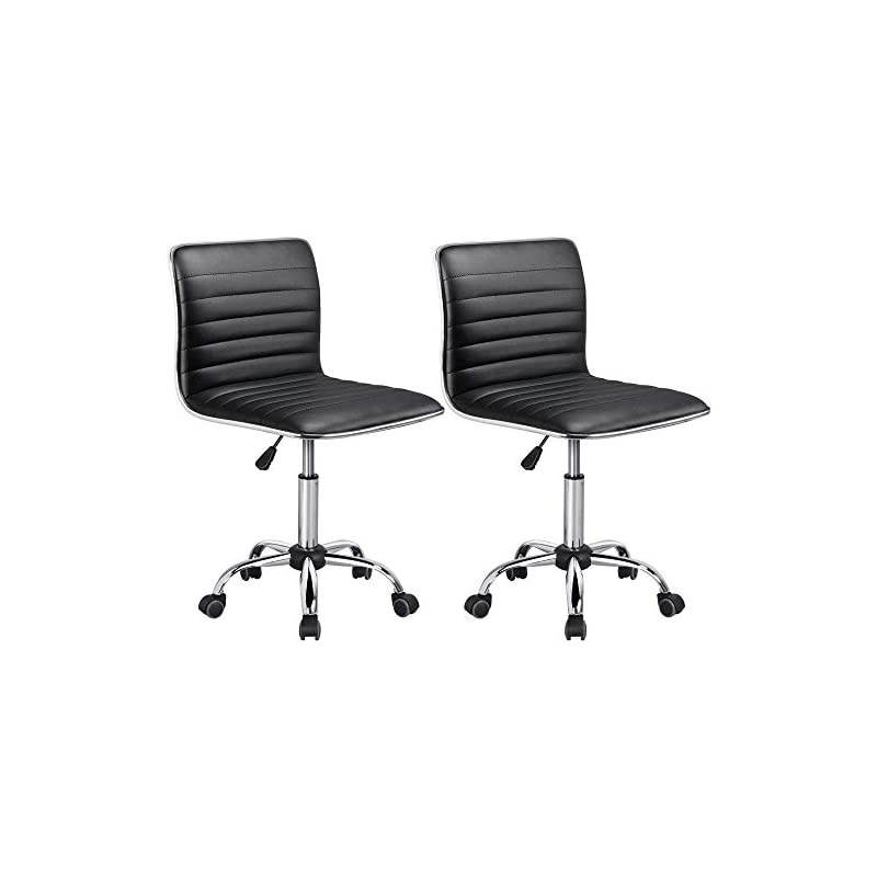 Adjustable Task Chair PU Leather Low Back Ribbed Armless Swivel Black Desk Chair Office Chair Wheels Set of 2, Black