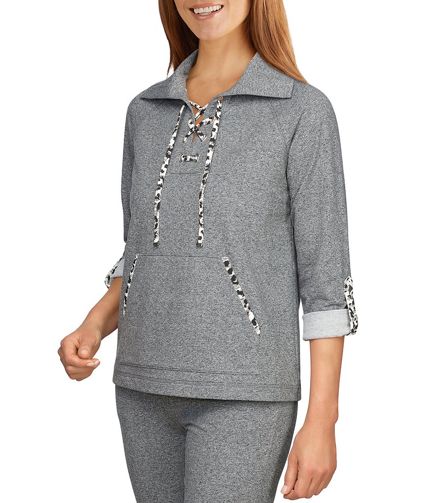 Ruby Rd. French Terry Textural Leopard Print Trim Lace Up 3/4 Roll-Tab Sleeve Point Collar Neck Pullover