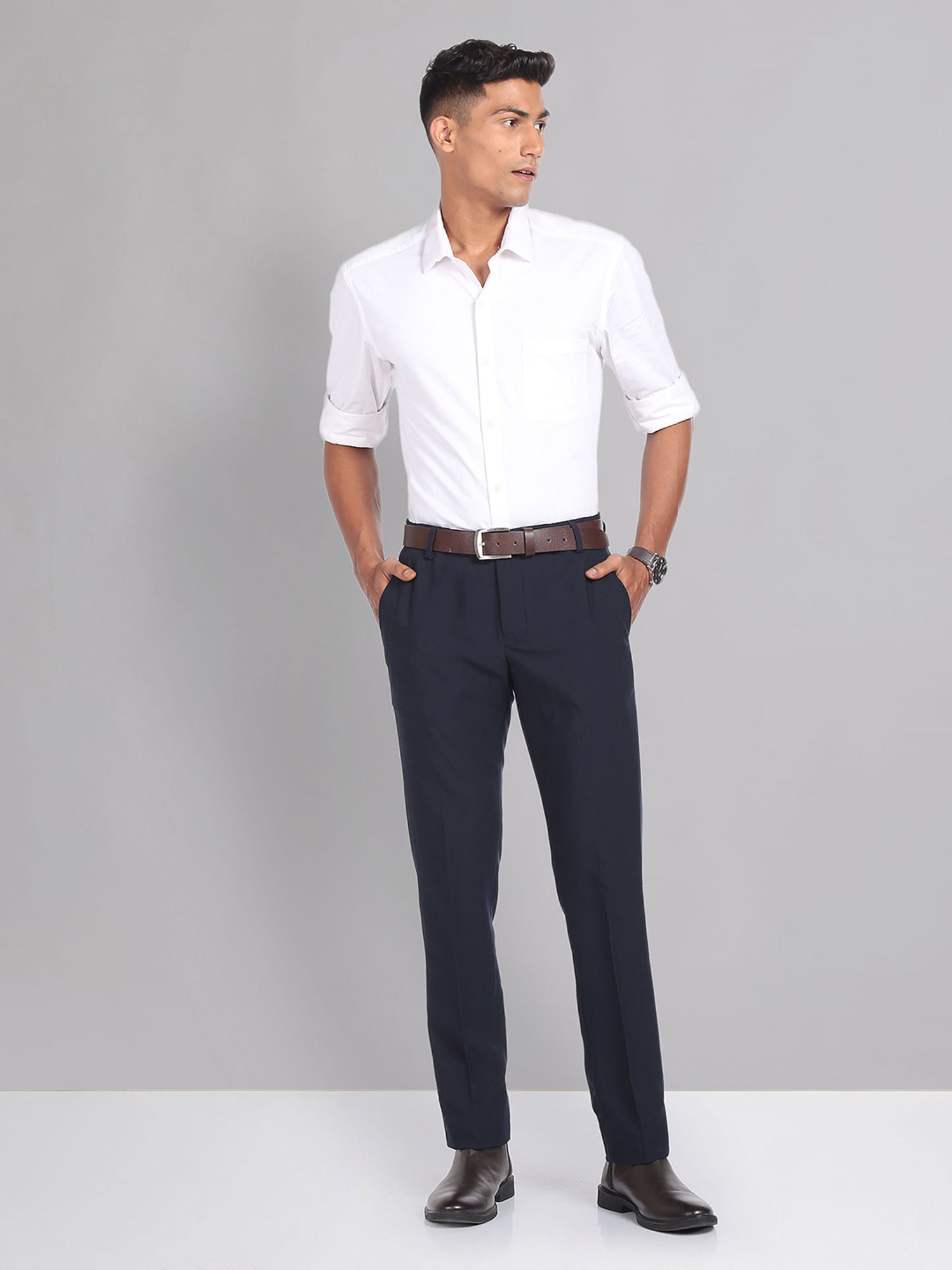 AD by Arvind Navy Slim Fit Flat Front Trousers