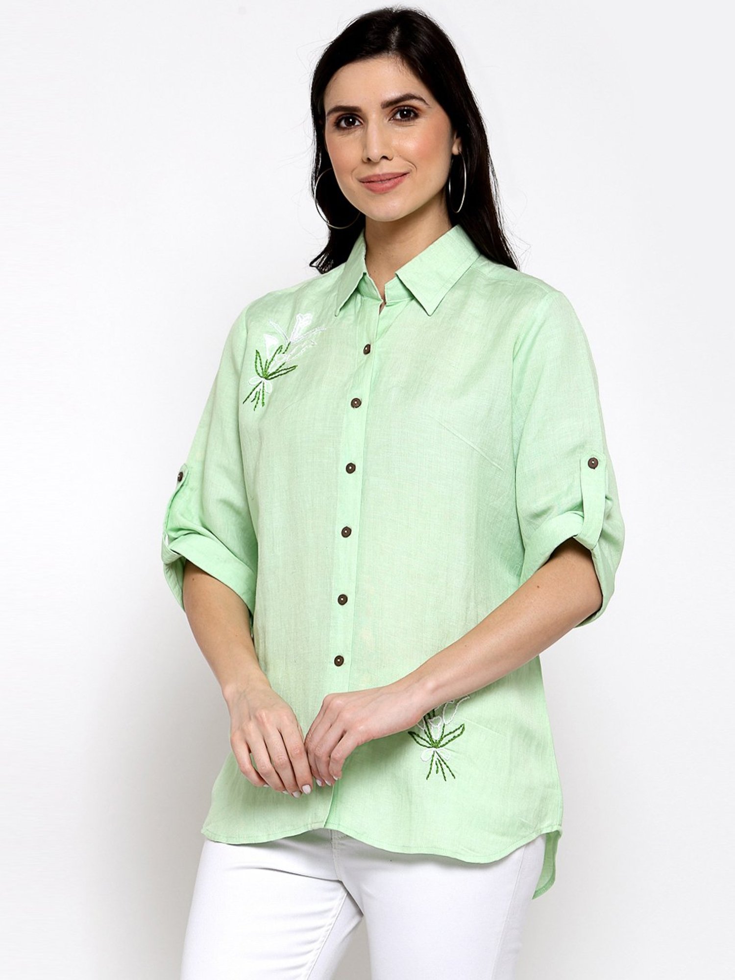 DART STUDIO Green Linen Embroidered Shirt