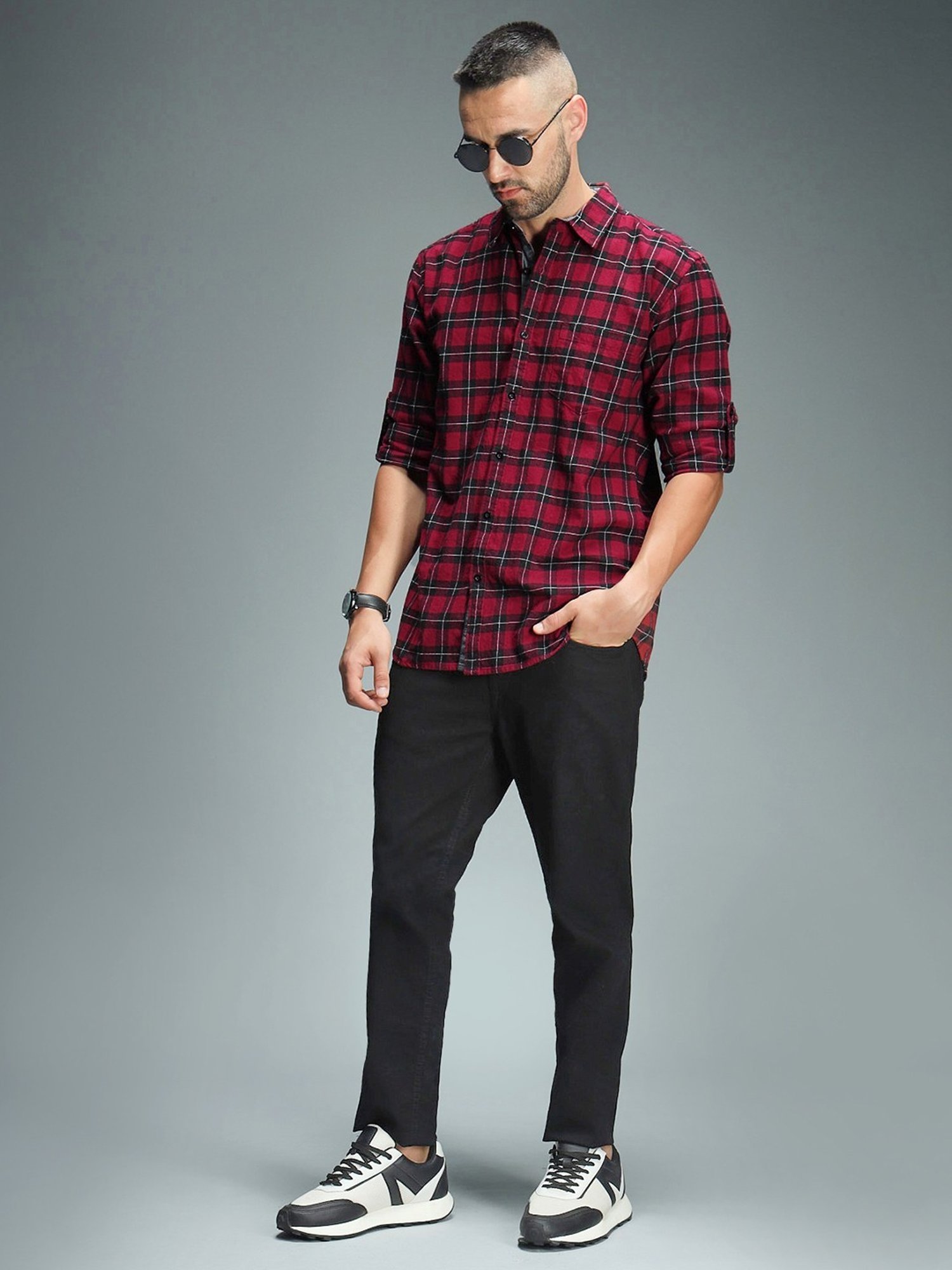 High Star Red Cotton Regular Fit Checks Shirt