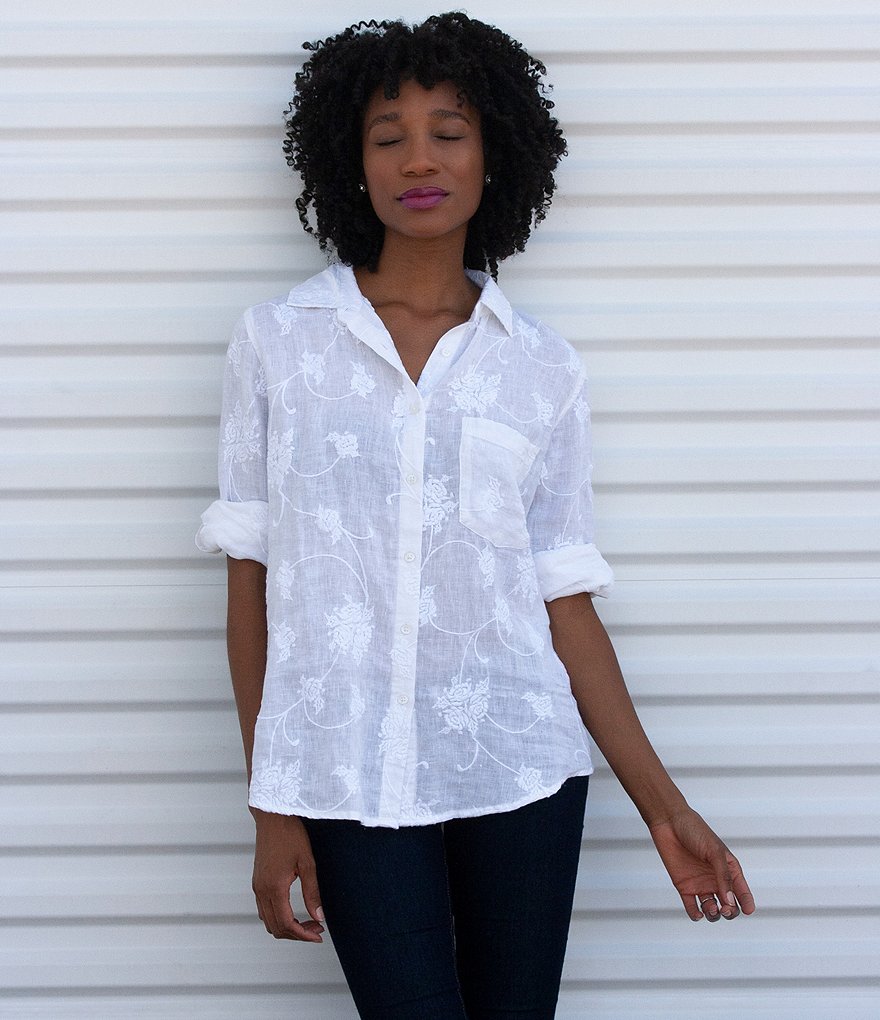 Karyn Seo Delilah All-Over Vintage Tonal Embroidered Roll-Tab Sleeve Button Down Linen Shirt