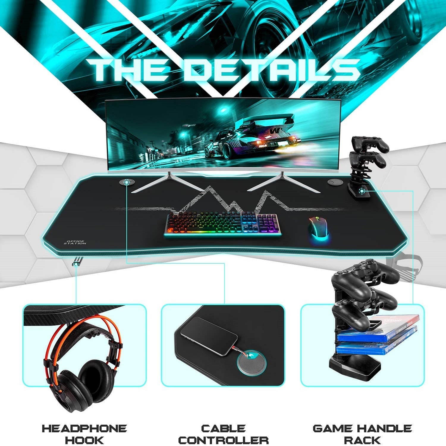 Furmax 55 Inch Gaming Desk Racing Style PC Computer Desk Y-shaped Table Home Office Desk with Large Carbon Fiber Surface, Free Mouse Pad, Headphone Hook, Gaming Handle Rack and Cup Holder (Black)