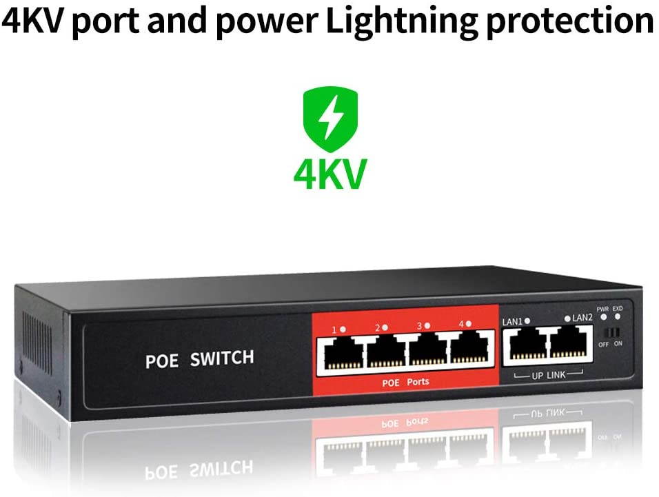 AI PoE Switch,52V 52W (4 POE Ports +2 Uplink)100Mbps,802.3af/at,Unmanaged Network Extender Power Over Ethernet for IP,Extend Function,Metal Plug and Play
