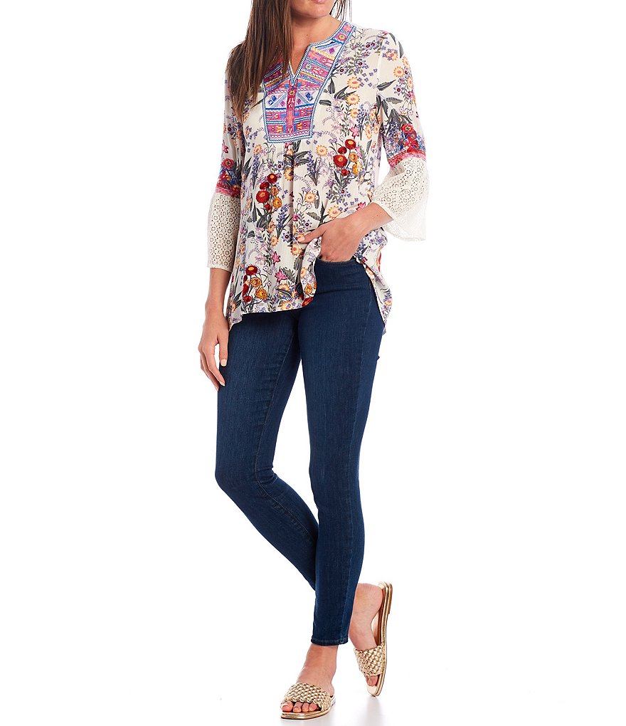 Calessa Embroidered 3/4 Bell Sleeve Floral Split Round Neck Top