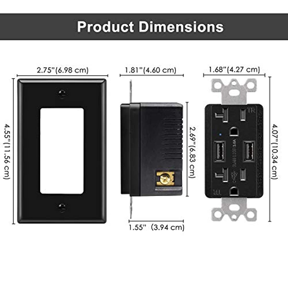 [5 Pack] BESTTEN Black USB Wall Receptacle Outlet, 20 Amp Grounded AC Outlets, 3.6A Dual USB Charging Ports, Smart Chip USB Wall Charger, Tamper Resistant, UL Listed