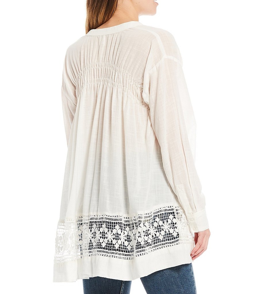 Free People Green Gardens Banded Notch Neckline Roll-Tab Sleeve Lace Hem Button Front Tunic