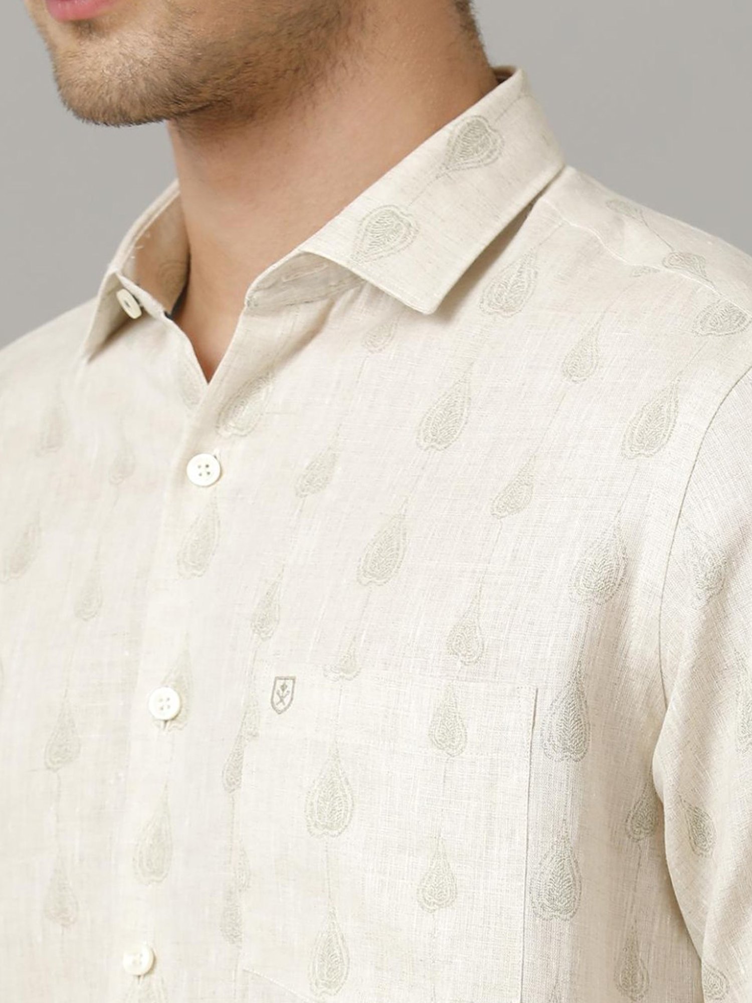 Linen Club Beige Linen Contemporary Fit Printed Shirt