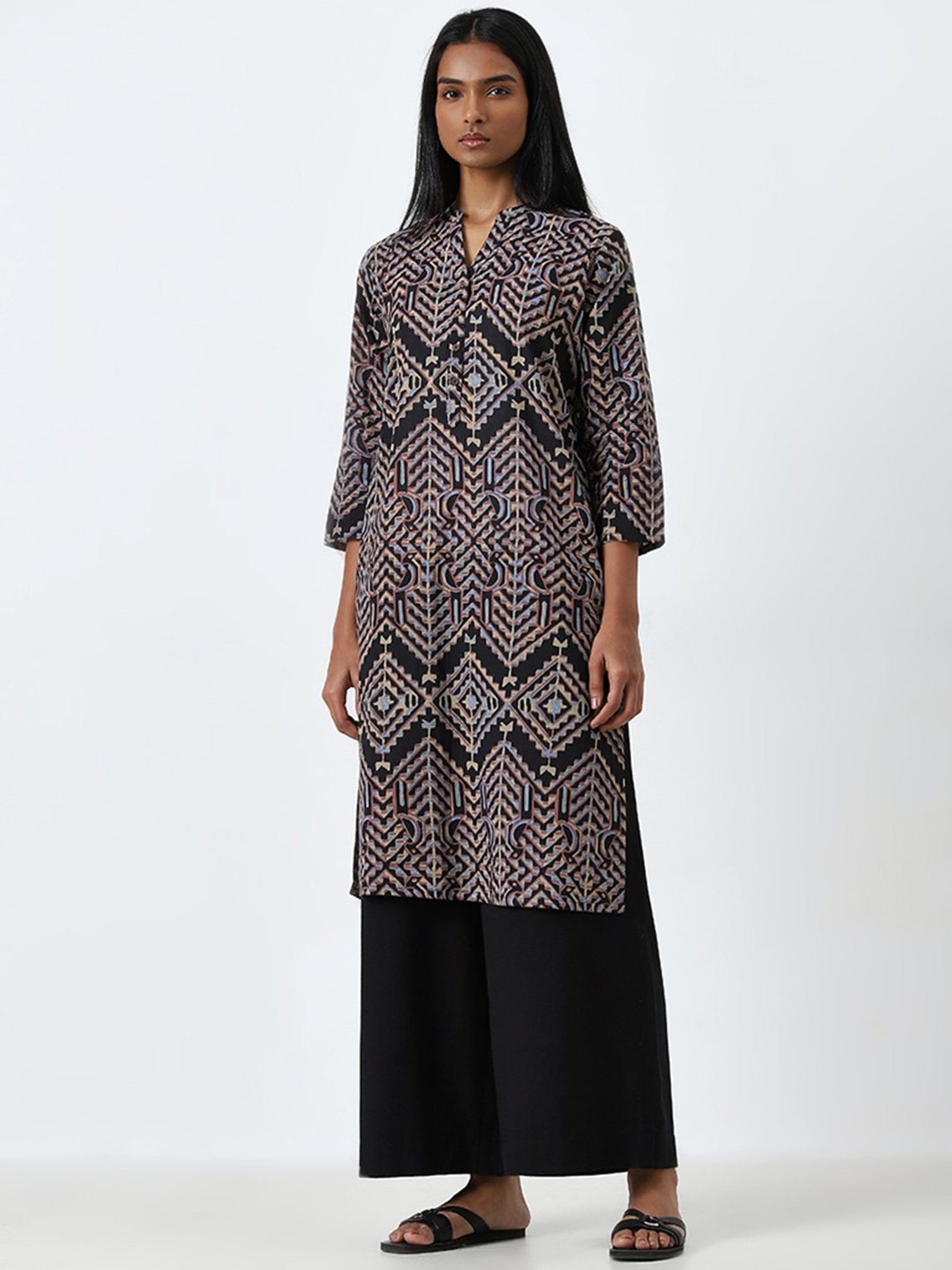 Utsa by Westside Black Geometric Design Straight Cotton Kurta