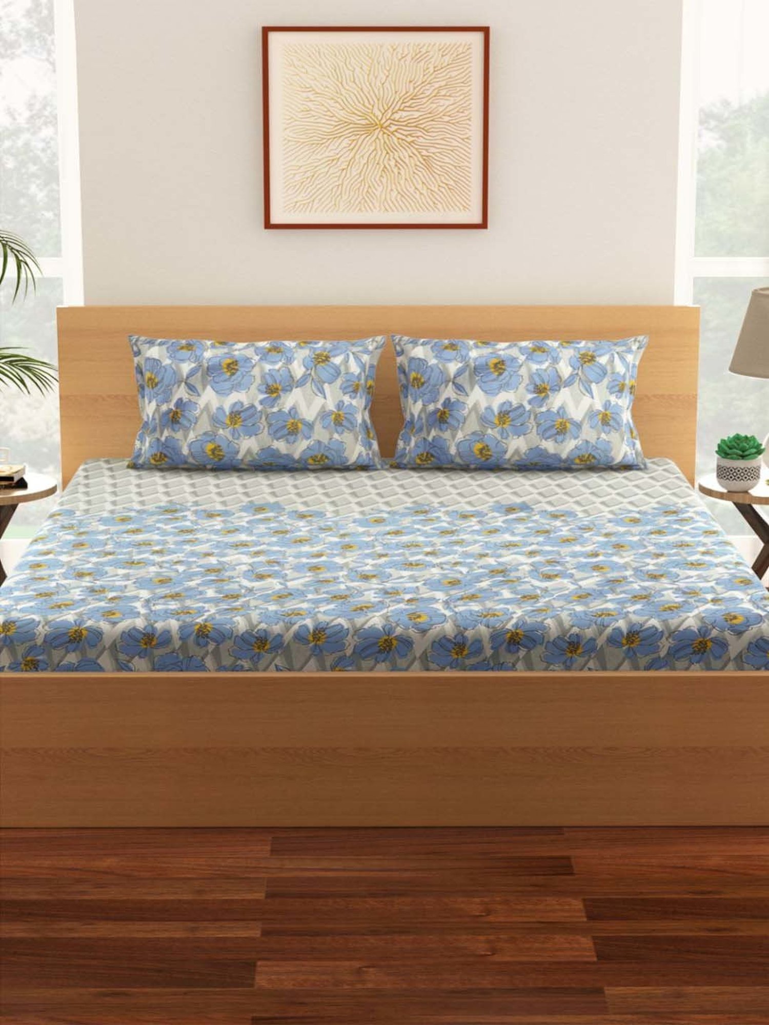 Living Scapes by Pantaloons Blue Cotton 210 TC King Bed Sheet with 2 Pillow Covers