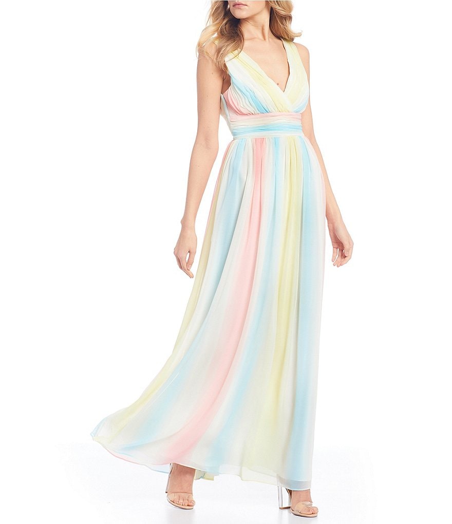 Sequin Hearts Surplice Rainbow Stripe Chiffon Long Dress
