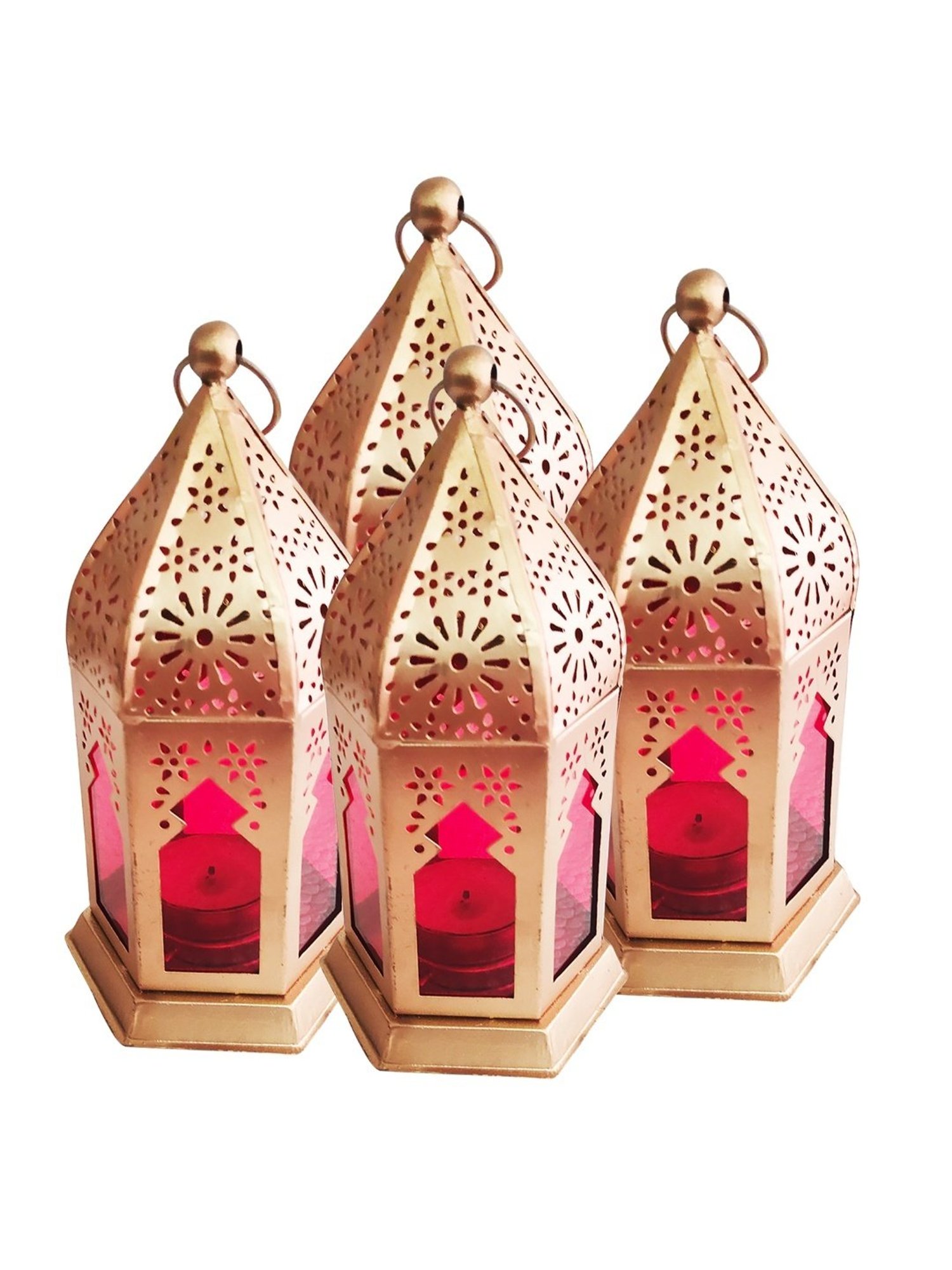 Homesake Antique Red Metal Moroccan Lantern Candle Holder - Set of 4