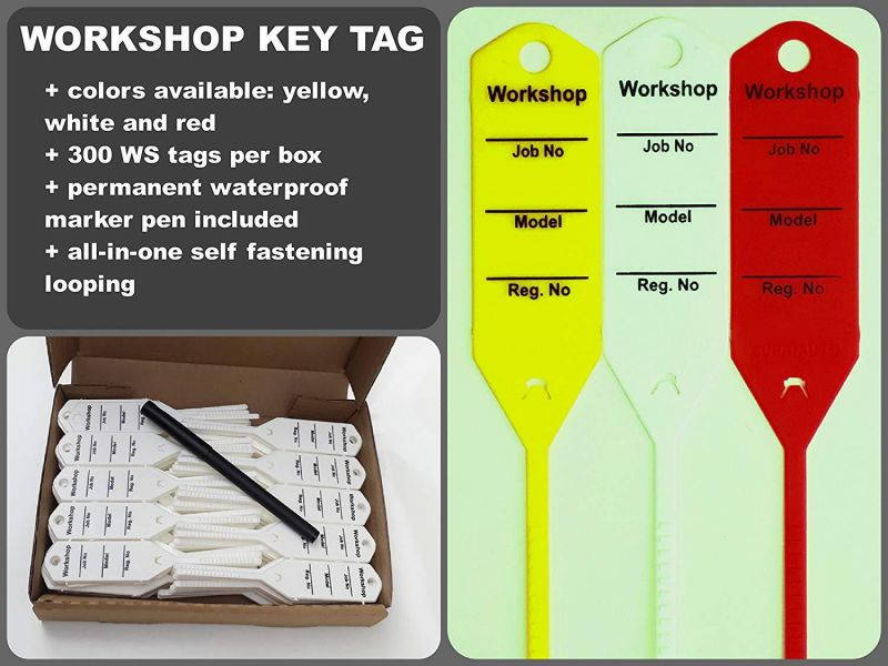 Mechanic Service Auto Key Tags - White self Locking Car Key Tags Made of Waterproof Plastic | Box of 300 Auto Tags | NO Folding, NO Key Rings, NO Laminated Key Tags Necessary | Pen Included