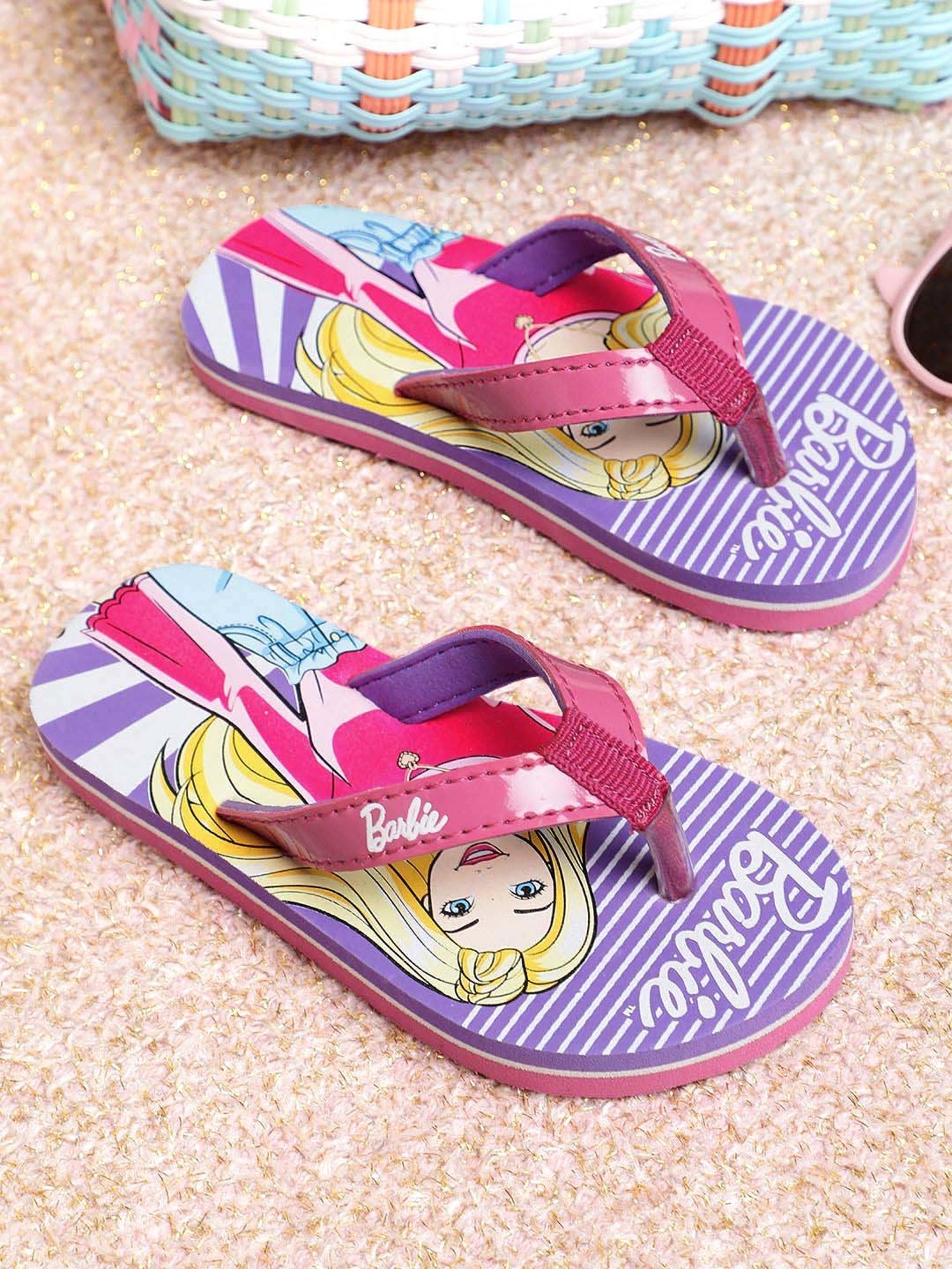 Kidsville Barbie Printed Pink & Purple Flip Flops
