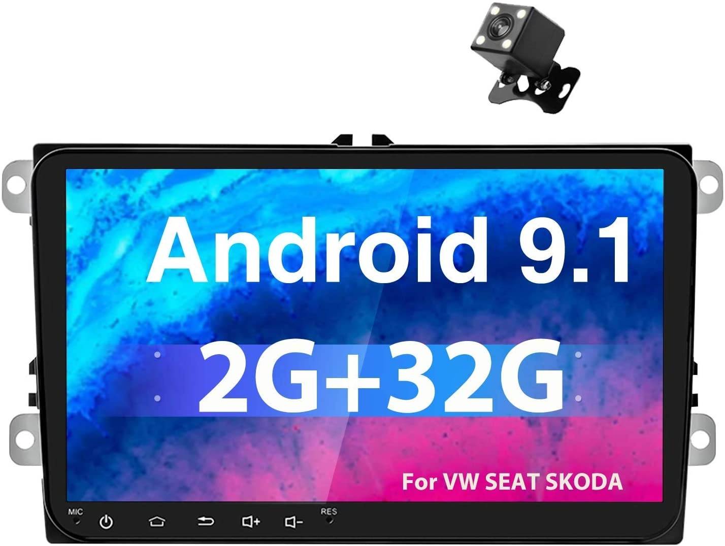 Double Din Android Car Navigation Stereo with Bluetooth for Volkswagen Passat Golf Jetta Polo Tiguan Touran SEAT Skoda, 9&rdquo;Headunit Support GPS WiFi FM +Rearview Camera+Double USB Input (2G+32G)