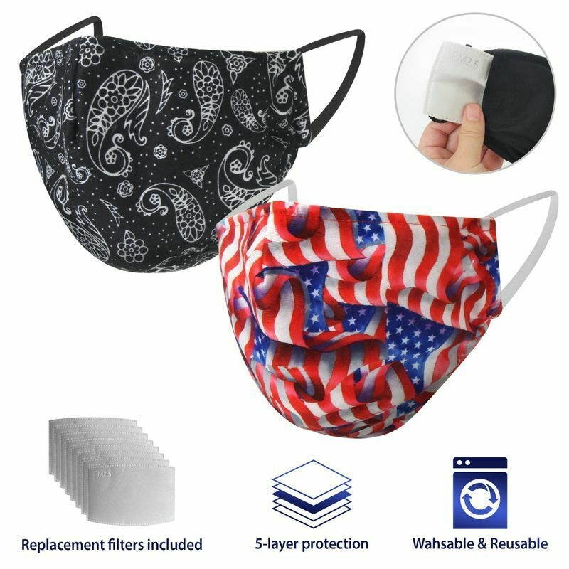 2 PCS Cotton Face Mask Reusable Washable with 8pcs PM2.5 Filter Insert Pad