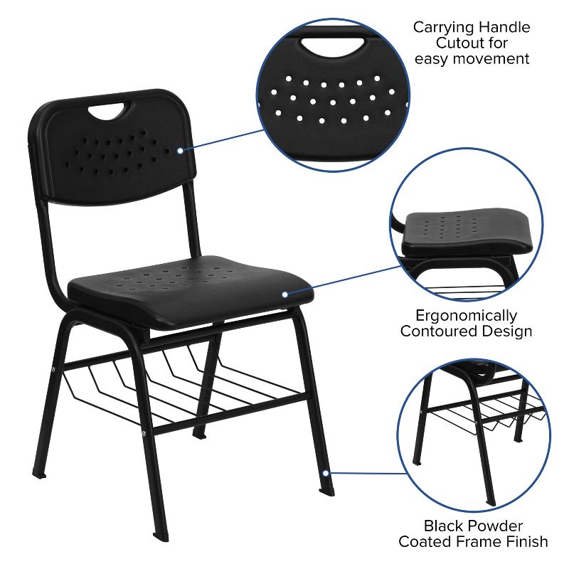 Emma and Oliver Black Plastic Student Classroom Chair with Book Basket