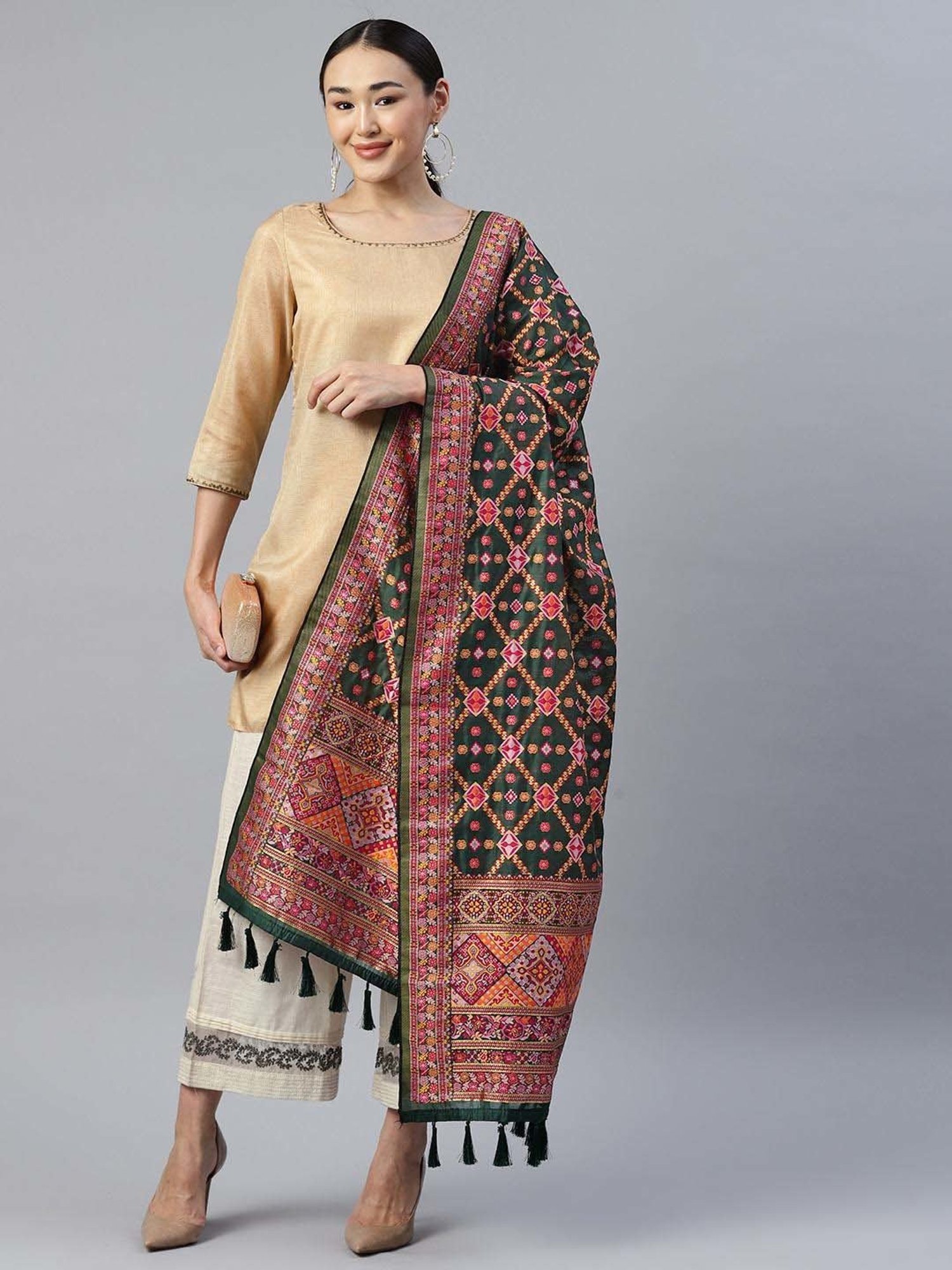 Silk Land Green Cotton Woven Pattern Dupatta