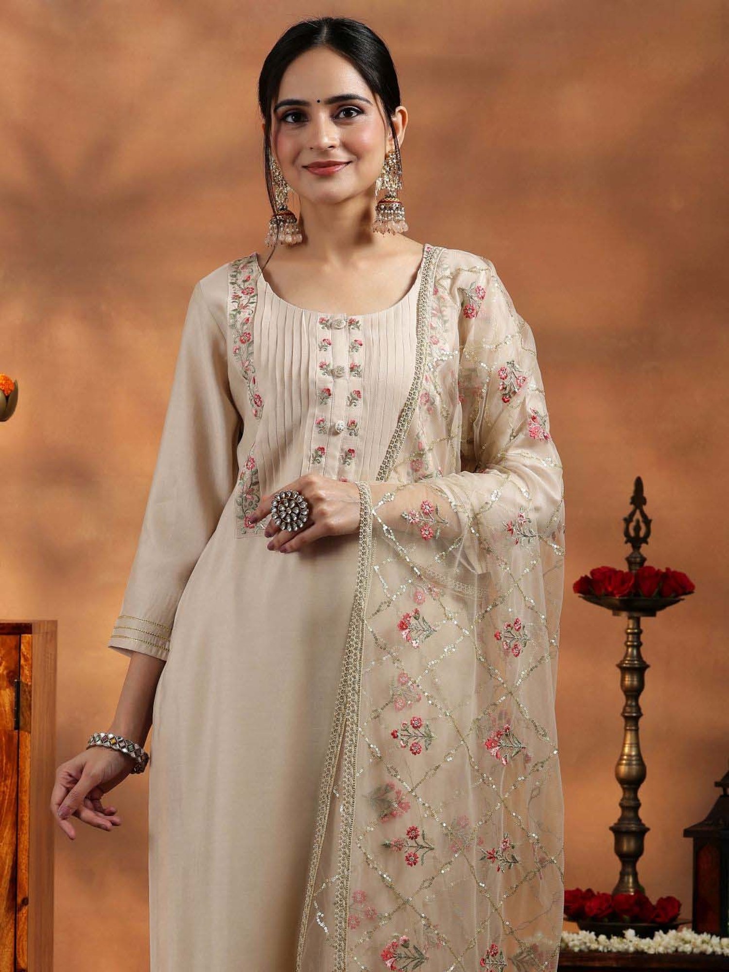 Libas Beige Embroidered Kurta Pant Set With Dupatta