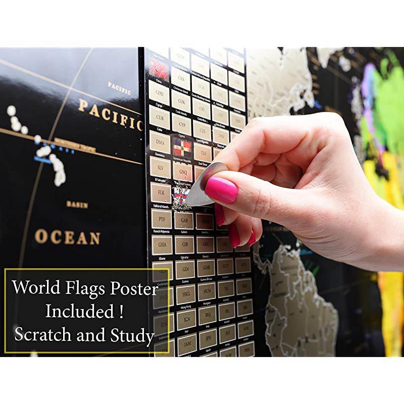 Scratch Off map 16x24 Black Gold Detailed USA States Deluxe Tracker Pin World Map  Travel map Wall Poster Push pin map Includes Pins Tube Poster Map to Scratch Wall Decor Birthday Gift IDea